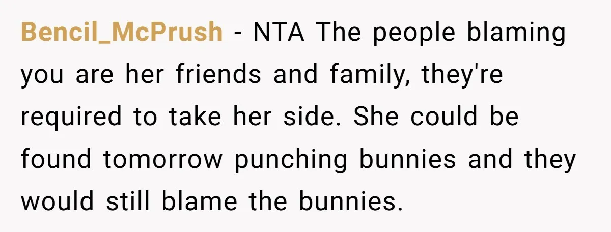 Bencil_McPrush − NTA The people blaming you are her friends and family, they're required to take her side. She could be found tomorrow punching bunnies and they would still blame...