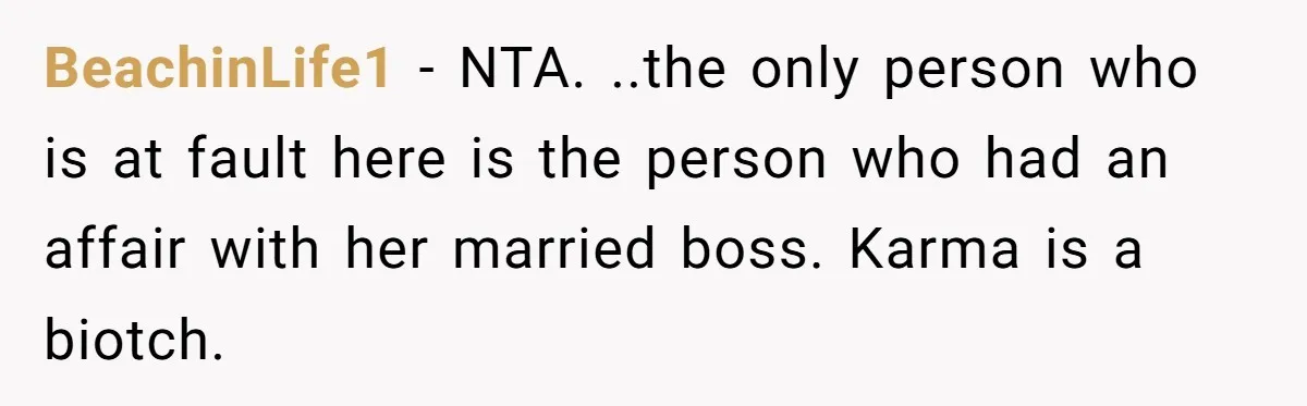 BeachinLife1 − NTA. ..the only person who is at fault here is the person who had an affair with her married boss. Karma is a biotch.