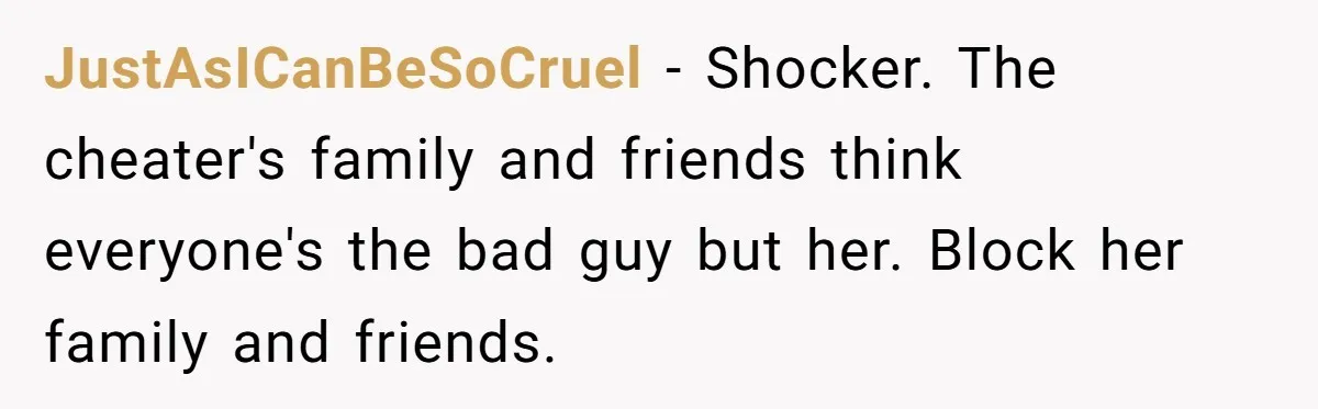 JustAsICanBeSoCruel − Shocker. The cheater's family and friends think everyone's the bad guy but her. Block her family and friends.