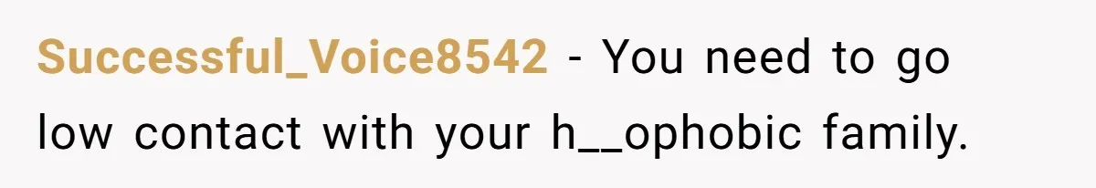 Successful_Voice8542 − You need to go low contact with your h__ophobic family.