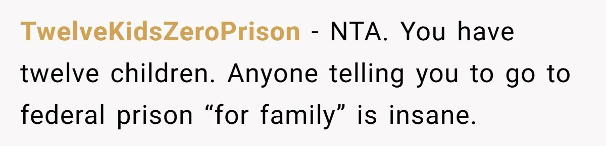 TwelveKidsZeroPrison - NTA. You have twelve children. Anyone telling you to go to federal prison “for family” is insane.