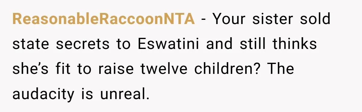 ReasonableRaccoonNTA - Your sister sold state secrets to Eswatini and still thinks she’s fit to raise twelve children? The audacity is unreal.