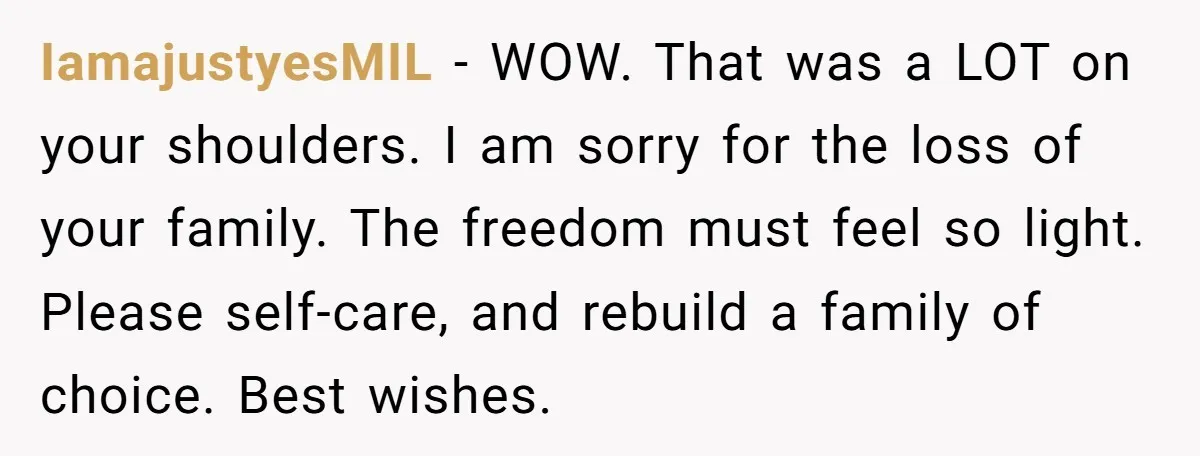 IamajustyesMIL − WOW. That was a LOT on your shoulders. I am sorry for the loss of your family. The freedom must feel so light. Please self-care, and rebuild a...