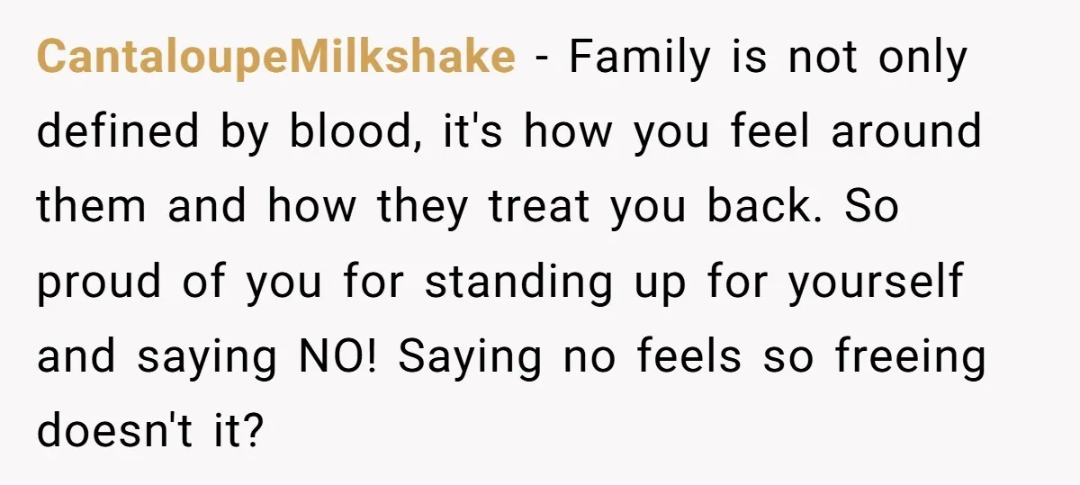 CantaloupeMilkshake − Family is not only defined by blood, it's how you feel around them and how they treat you back. So proud of you for standing up for yourself...