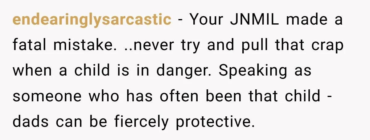 endearinglysarcastic − Your JNMIL made a fatal mistake. ..never try and pull that crap when a child is in danger. Speaking as someone who has often been that child -...