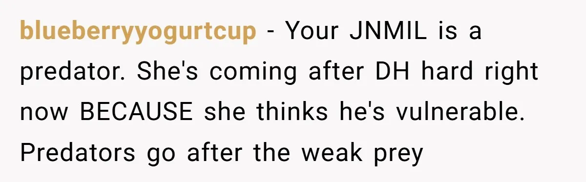 blueberryyogurtcup − Your JNMIL is a predator. She's coming after DH hard right now BECAUSE she thinks he's vulnerable. Predators go after the weak prey