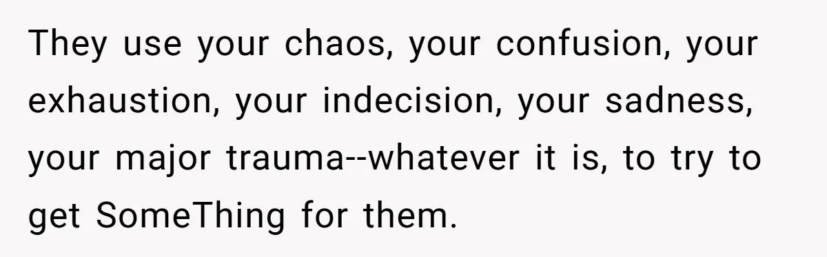 They use your chaos, your confusion, your exhaustion, your indecision, your sadness, your major trauma--whatever it is, to try to get SomeThing for them.