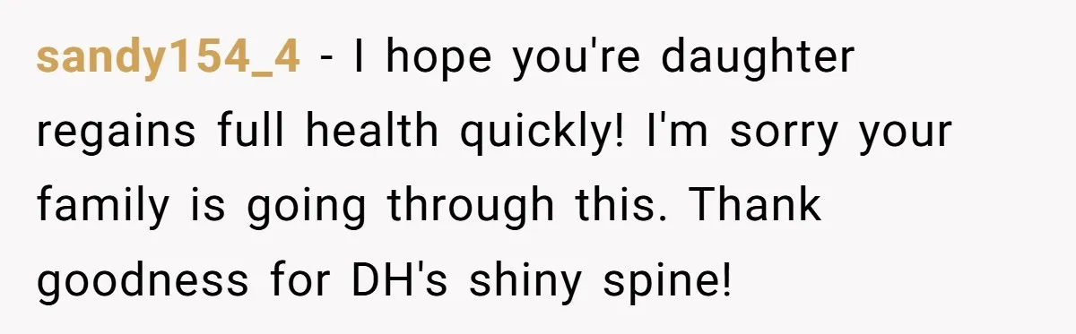 sandy154_4 − I hope you're daughter regains full health quickly! I'm sorry your family is going through this. Thank goodness for DH's shiny spine!