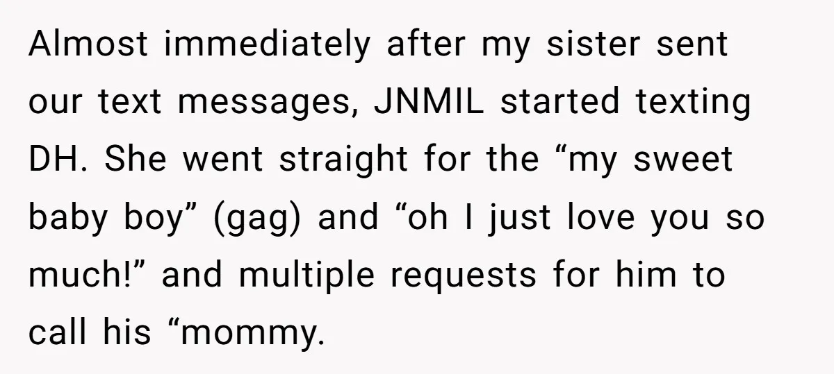 Almost immediately after my sister sent our text messages, JNMIL started texting DH. She went straight for the “my sweet baby boy” (gag) and “oh I just love you so...