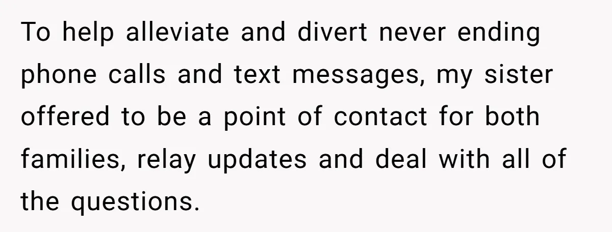 To help alleviate and divert never ending phone calls and text messages, my sister offered to be a point of contact for both families, relay updates and deal with all...