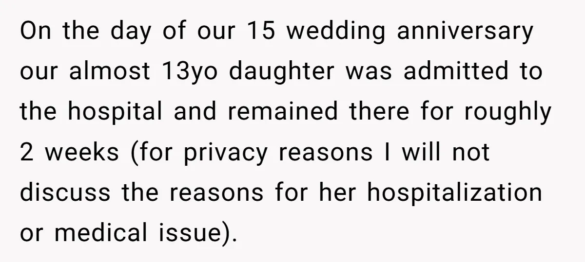 On the day of our 15 wedding anniversary our almost 13yo daughter was admitted to the hospital and remained there for roughly 2 weeks (for privacy reasons I will not...