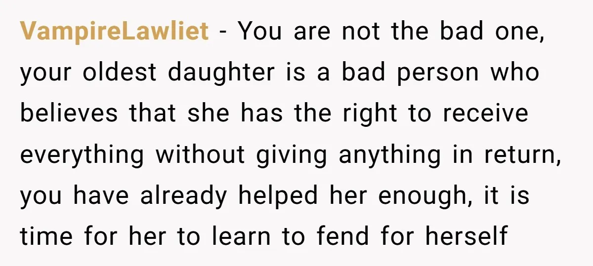 VampireLawliet − You are not the bad one, your oldest daughter is a bad person who believes that she has the right to receive everything without giving anything in return,...