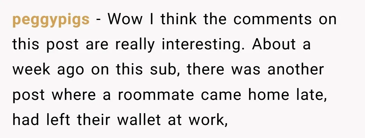 peggypigs − Wow I think the comments on this post are really interesting. About a week ago on this sub, there was another post where a roommate came home late,...
