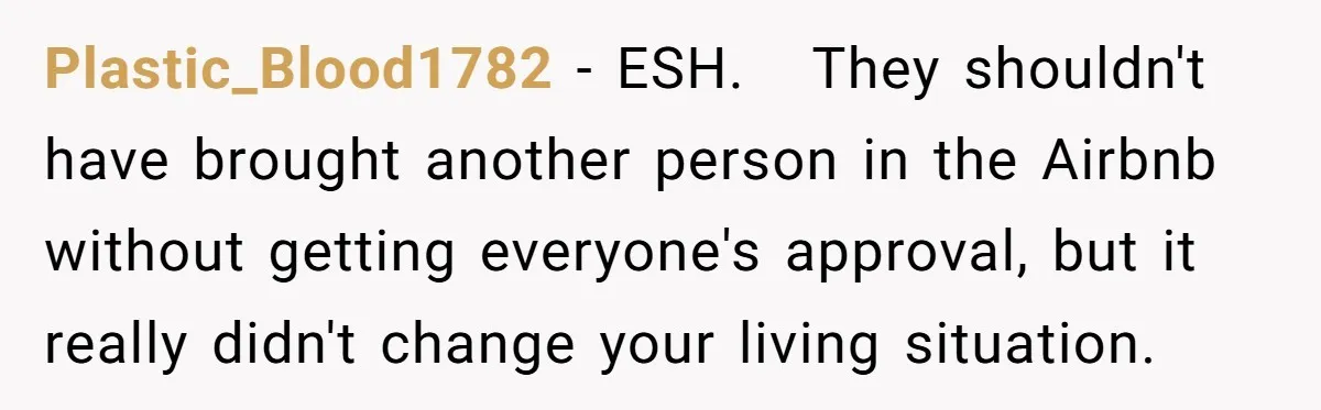 Plastic_Blood1782 − ESH.   They shouldn't have brought another person in the Airbnb without getting everyone's approval, but it really didn't change your living situation.