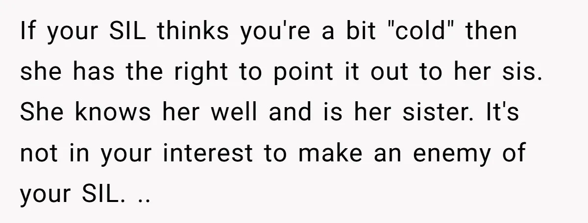 If your SIL thinks you're a bit "cold" then she has the right to point it out to her sis. She knows her well and is her sister. It's not...