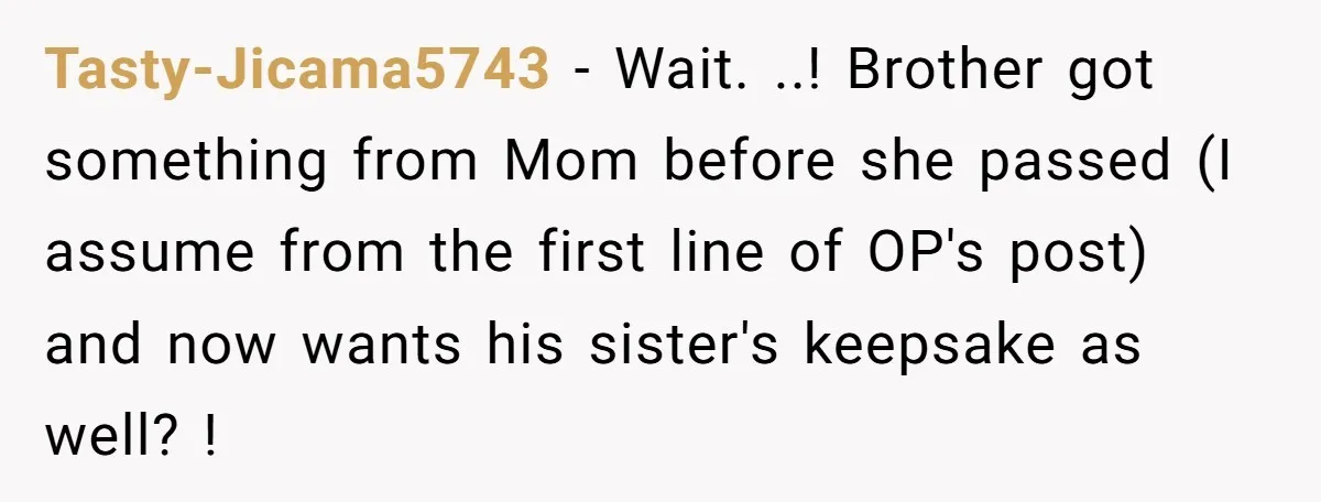 Tasty-Jicama5743 − Wait. ..! Brother got something from Mom before she passed (I assume from the first line of OP's post) and now wants his sister's keepsake as well? !