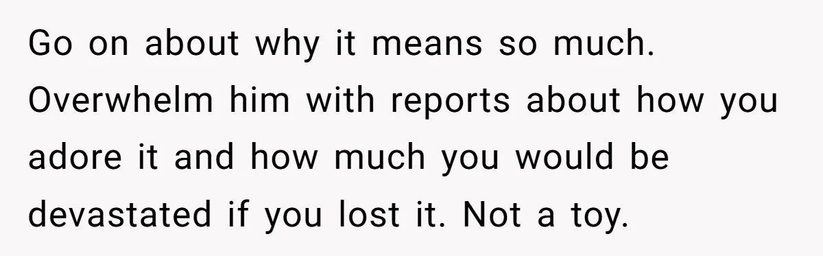 Go on about why it means so much. Overwhelm him with reports about how you adore it and how much you would be devastated if you lost it. Not a...