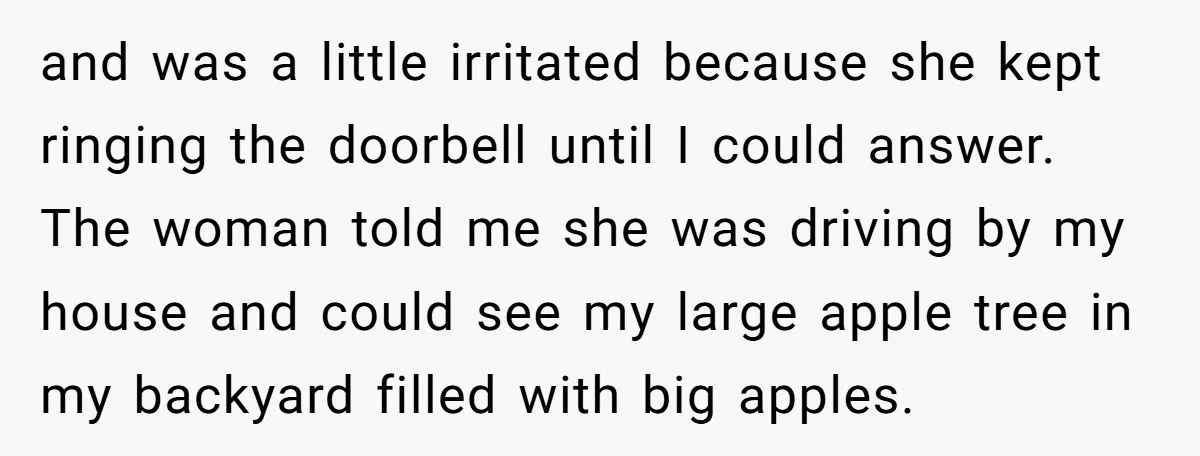 and was a little irritated because she kept ringing the doorbell until I could answer. The woman told me she was driving by my house and could see my large...