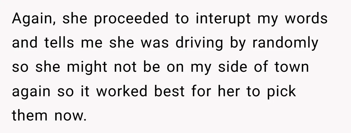 Again, she proceeded to interupt my words and tells me she was driving by randomly so she might not be on my side of town again so it worked best...