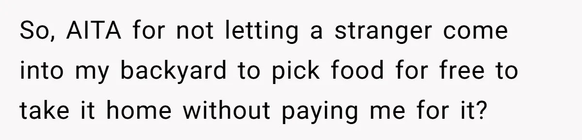 So, AITA for not letting a stranger come into my backyard to pick food for free to take it home without paying me for it?