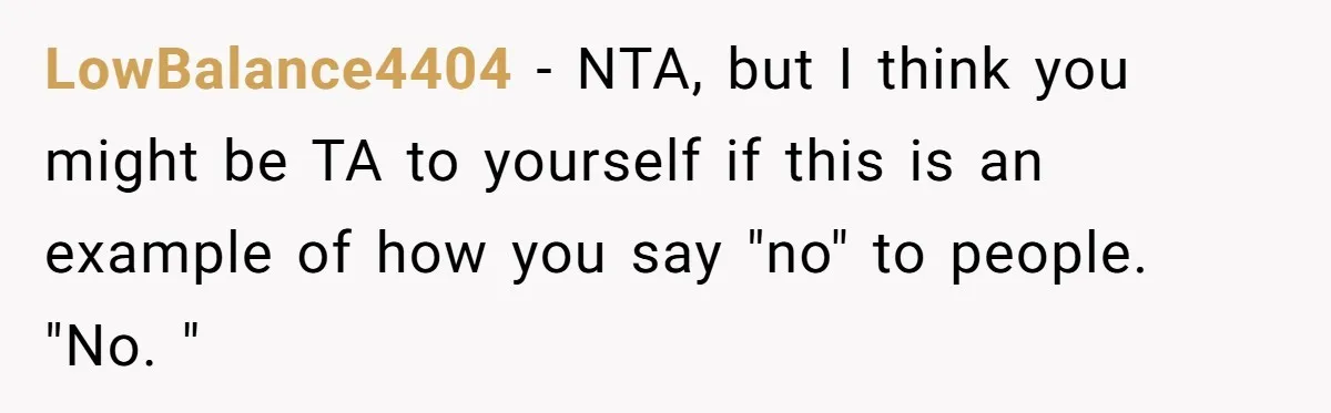 LowBalance4404 − NTA, but I think you might be TA to yourself if this is an example of how you say "no" to people. "No. "