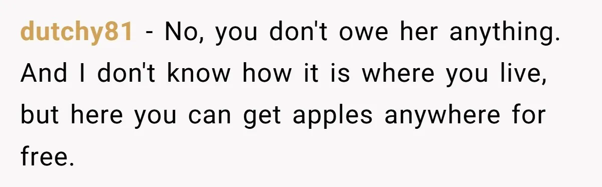 dutchy81 − No, you don't owe her anything. And I don't know how it is where you live, but here you can get apples anywhere for free.