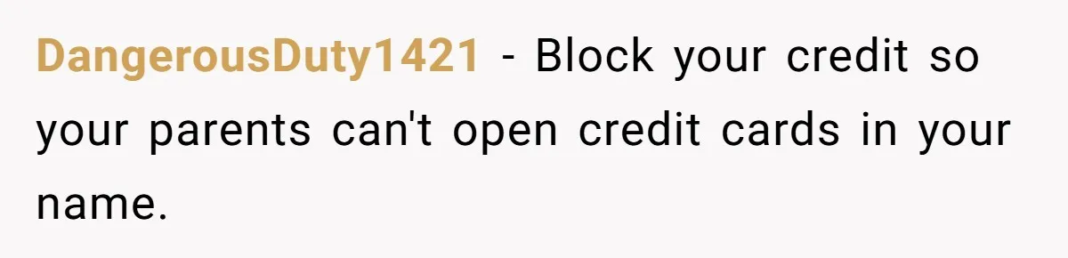 DangerousDuty1421 − Block your credit so your parents can't open credit cards in your name.