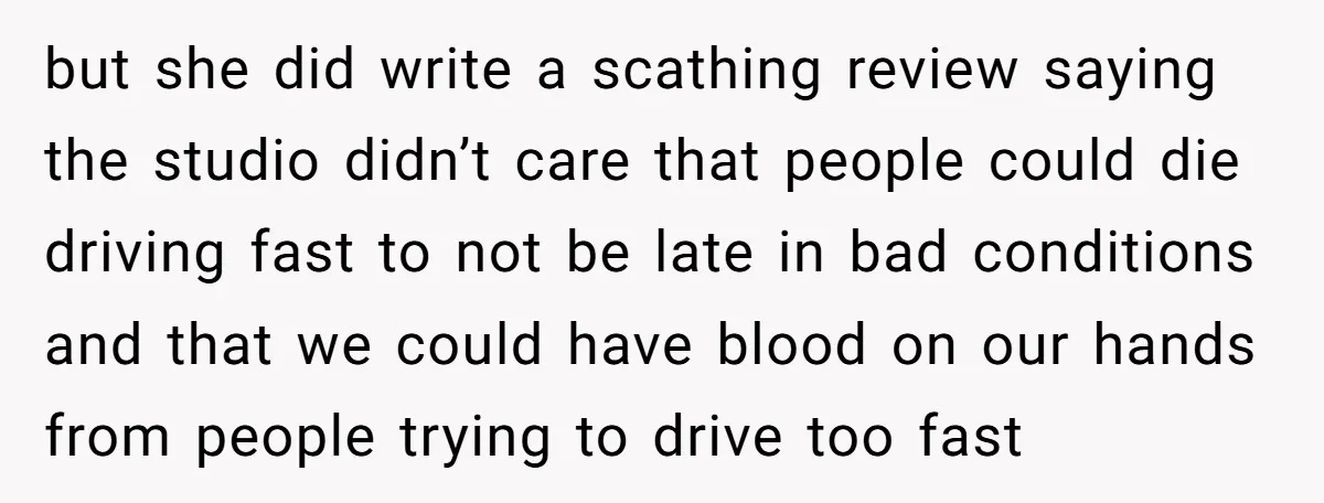 but she did write a scathing review saying the studio didn’t care that people could die driving fast to not be late in bad conditions and that we could have...