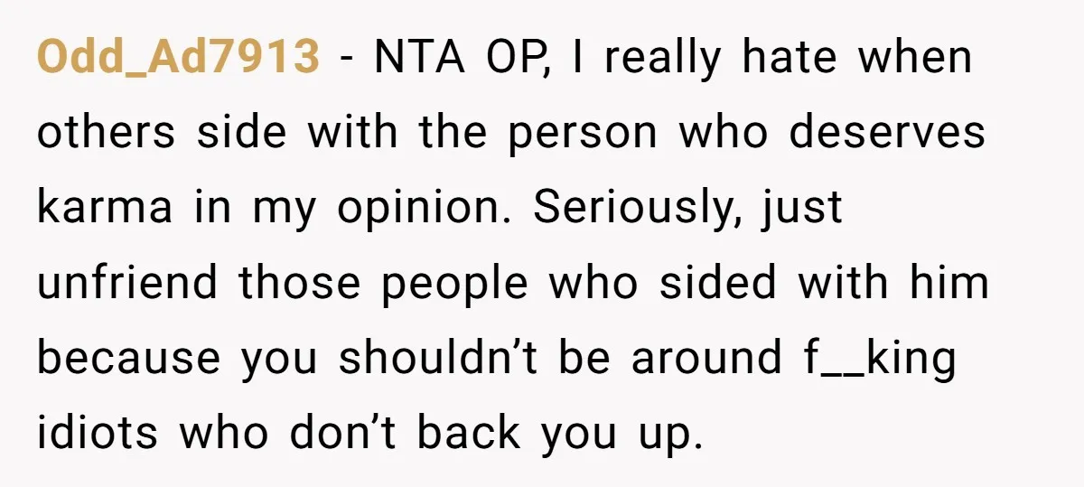 Odd_Ad7913 − NTA OP, I really hate when others side with the person who deserves karma in my opinion. Seriously, just unfriend those people who sided with him because you...