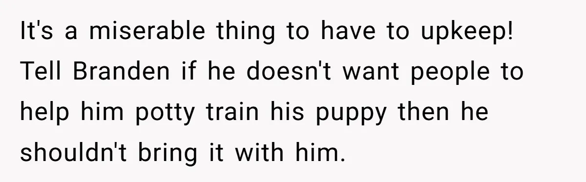 It's a miserable thing to have to upkeep! Tell Branden if he doesn't want people to help him potty train his puppy then he shouldn't bring it with him.
