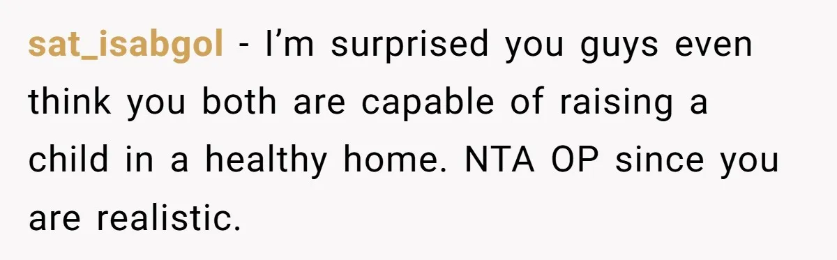 sat_isabgol − I’m surprised you guys even think you both are capable of raising a child in a healthy home. NTA OP since you are realistic.
