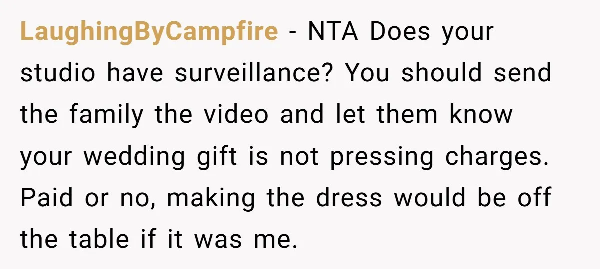 LaughingByCampfire − NTA Does your studio have surveillance? You should send the family the video and let them know your wedding gift is not pressing charges. Paid or no, making...