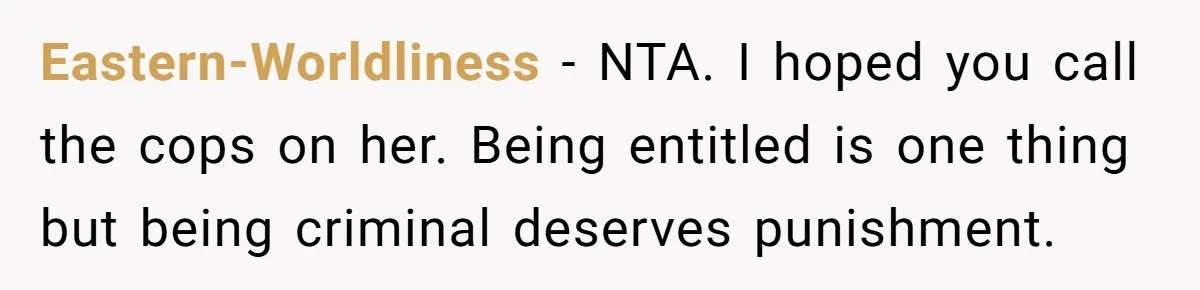 Eastern-Worldliness − NTA. I hoped you call the cops on her. Being entitled is one thing but being criminal deserves punishment.
