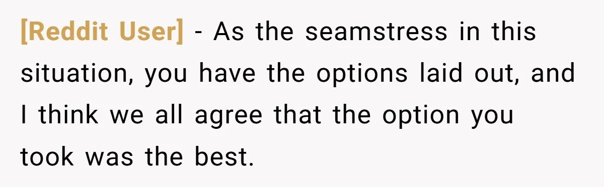 [Reddit User] − As the seamstress in this situation, you have the options laid out, and I think we all agree that the option you took was the best.