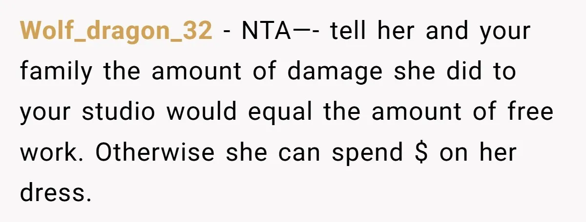 Wolf_dragon_32 − NTA—- tell her and your family the amount of damage she did to your studio would equal the amount of free work. Otherwise she can spend $ on...