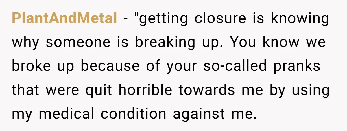 PlantAndMetal − "getting closure is knowing why someone is breaking up. You know we broke up because of your so-called pranks that were quit horrible towards me by using my...