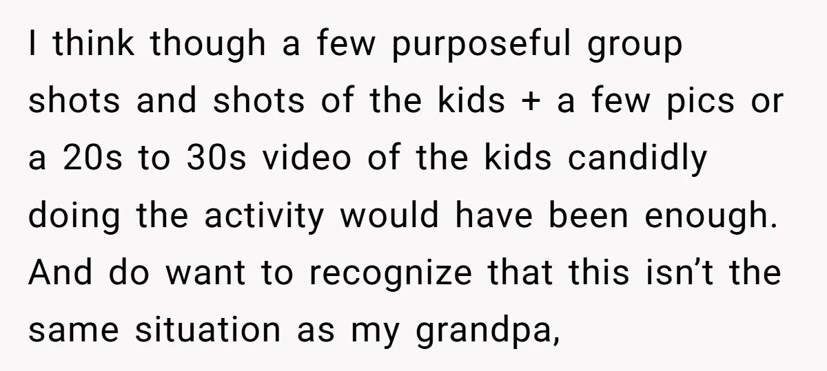 I think though a few purposeful group shots and shots of the kids + a few pics or a 20s to 30s video of the kids candidly doing the activity...