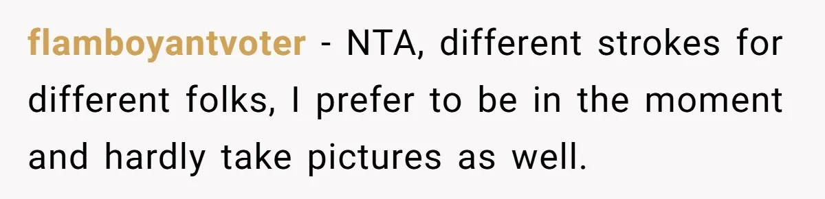 flamboyantvoter − NTA, different strokes for different folks, I prefer to be in the moment and hardly take pictures as well.