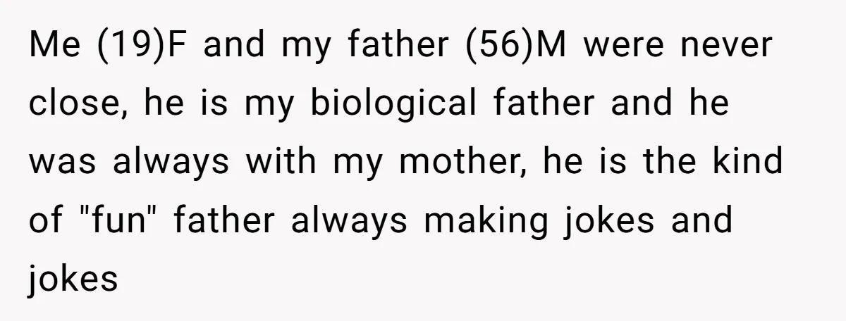 Me (19)F and my father (56)M were never close, he is my biological father and he was always with my mother, he is the kind of "fun" father always making...