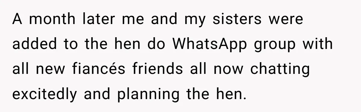 A month later me and my sisters were added to the hen do WhatsApp group with all new fiancés friends all now chatting excitedly and planning the hen.