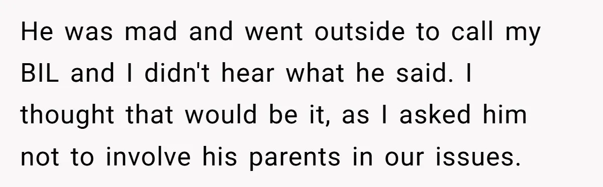 He was mad and went outside to call my BIL and I didn't hear what he said. I thought that would be it, as I asked him not to involve...