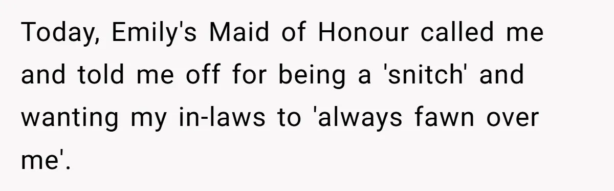 Today, Emily's Maid of Honour called me and told me off for being a 'snitch' and wanting my in-laws to 'always fawn over me'.