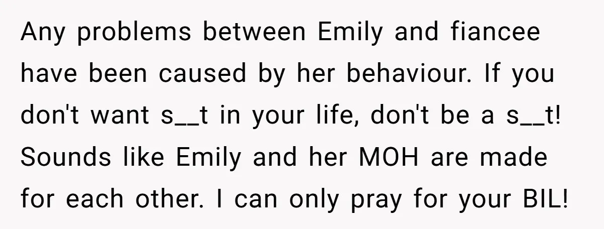Any problems between Emily and fiancee have been caused by her behaviour. If you don't want s__t in your life, don't be a s__t! Sounds like Emily and her MOH...