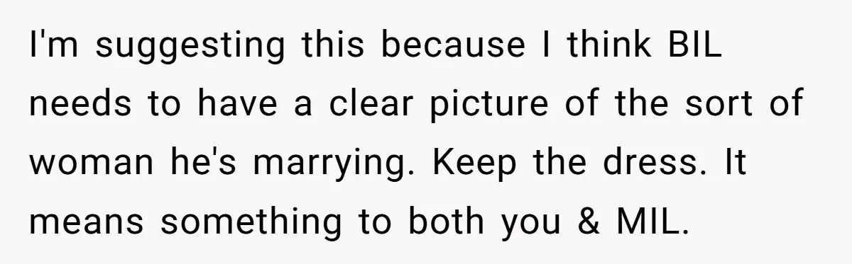 I'm suggesting this because I think BIL needs to have a clear picture of the sort of woman he's marrying. Keep the dress. It means something to both you &...