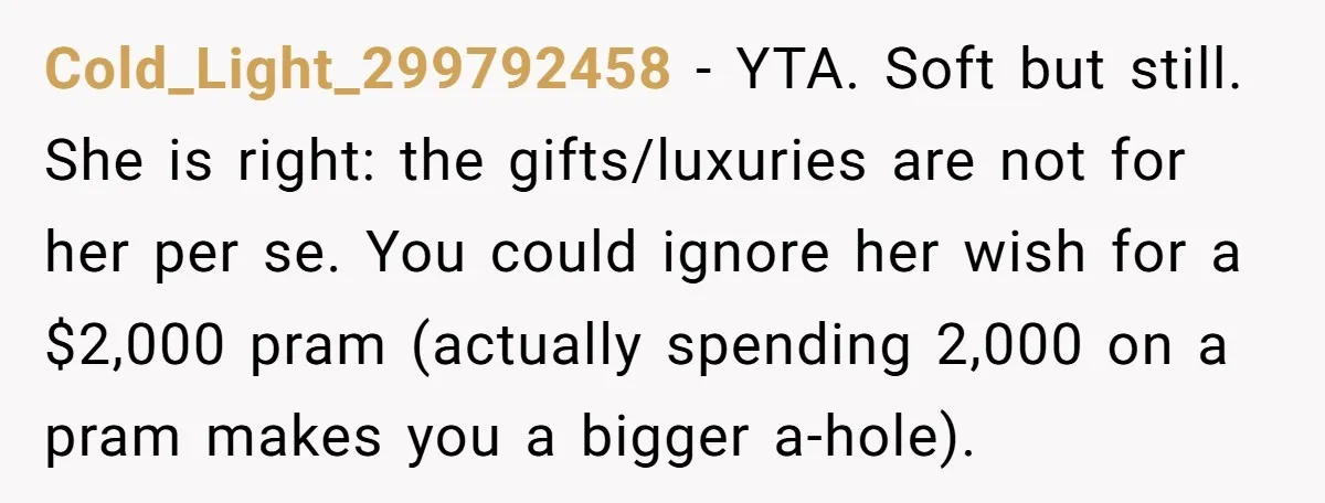 Cold_Light_299792458 − YTA. Soft but still. She is right: the gifts/luxuries are not for her per se. You could ignore her wish for a $2,000 pram (actually spending 2,000 on...