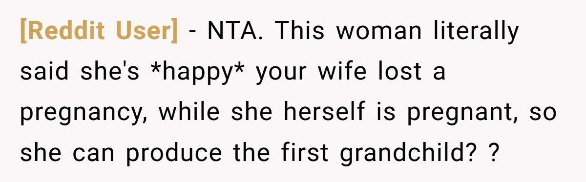 [Reddit User] − NTA. This woman literally said she's *happy* your wife lost a pregnancy, while she herself is pregnant, so she can produce the first grandchild? ?