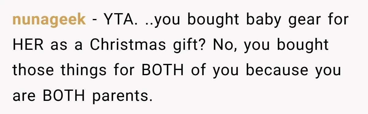nunageek − YTA. ..you bought baby gear for HER as a Christmas gift? No, you bought those things for BOTH of you because you are BOTH parents.