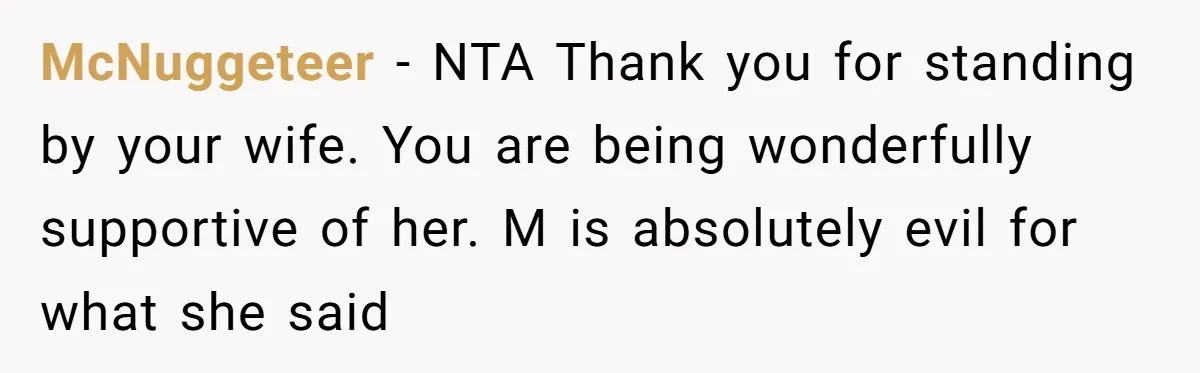 McNuggeteer − NTA Thank you for standing by your wife. You are being wonderfully supportive of her. M is absolutely evil for what she said