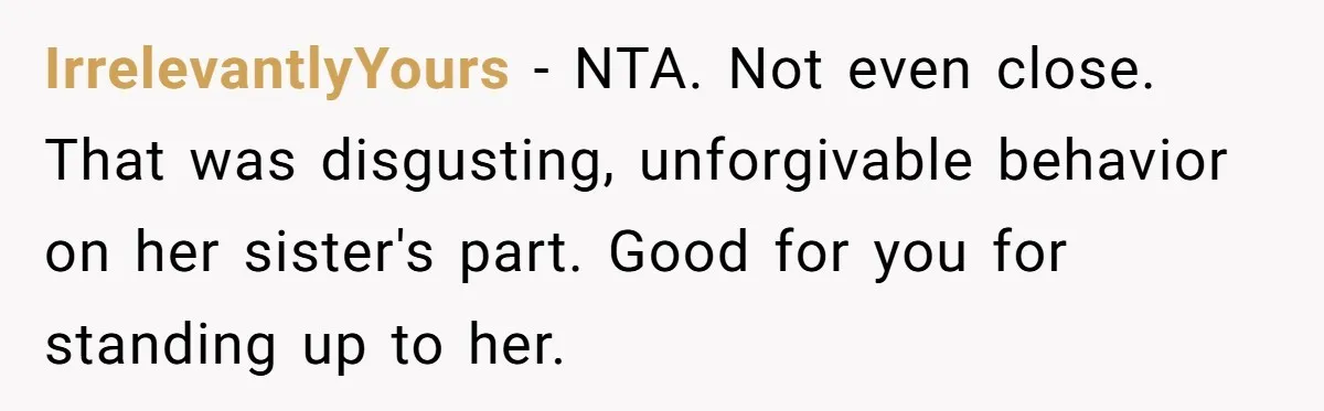 IrrelevantlyYours − NTA. Not even close. That was disgusting, unforgivable behavior on her sister's part. Good for you for standing up to her.