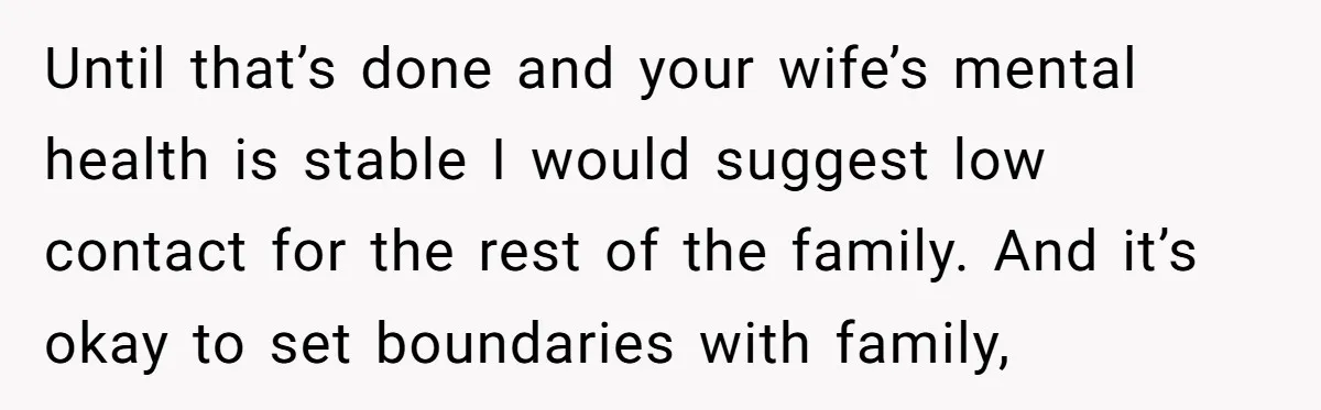 Until that’s done and your wife’s mental health is stable I would suggest low contact for the rest of the family. And it’s okay to set boundaries with family,